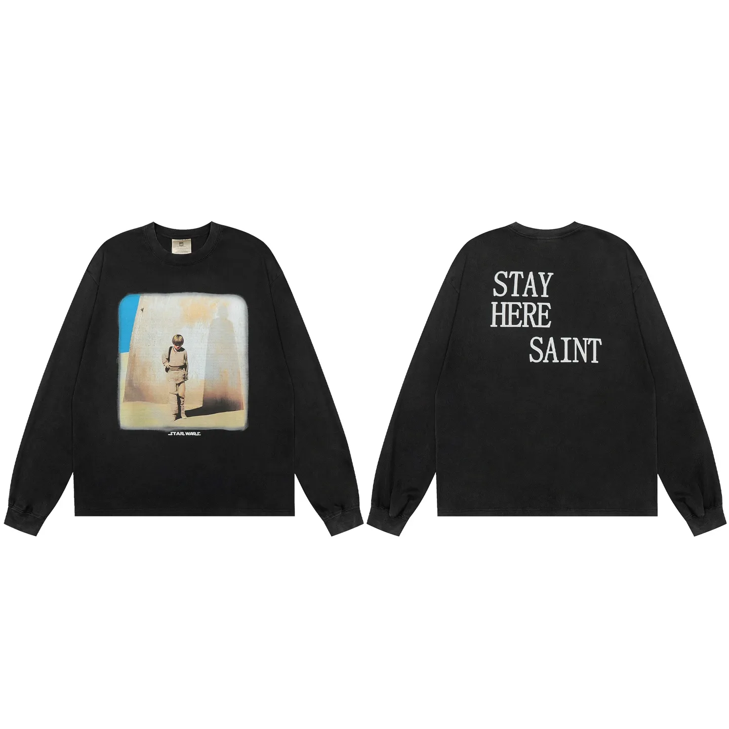 VT438 P160💰 Saint Michael 25SS new "STAY HERE" Star Wars joint letter print direct-injection printing retro washed distressed long-sleeved T-shirt small neck design digital direct-injection printing high street retro heavy distressed washed Vintage long sleeves Size: S M L XL